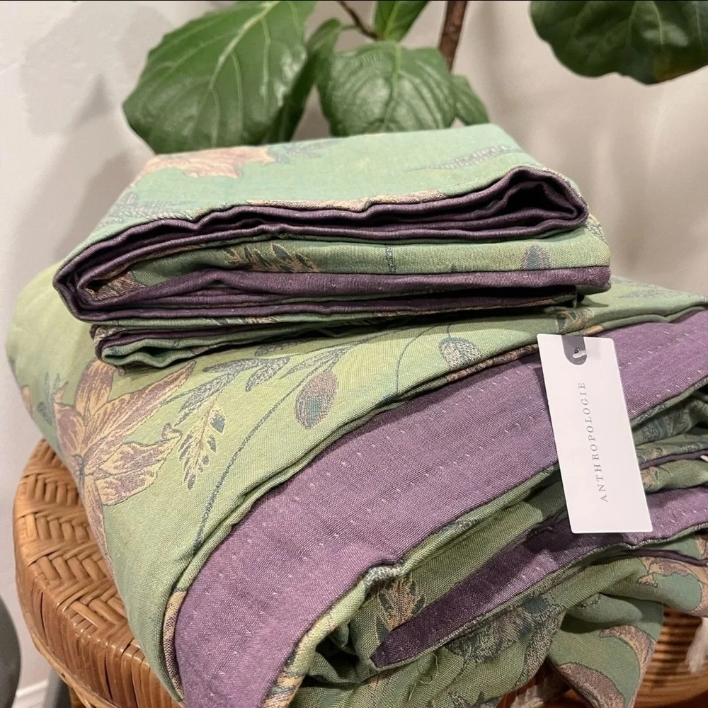 NEW Anthro Green Purple Floral Linen Boho Queen / King Bedding Duvet & Sham Set